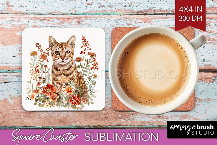 Floral Cat Square Coaster - Flowers Coaster PNG Sublimation