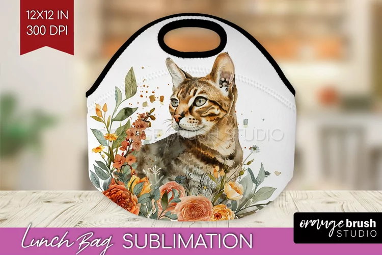 Floral Cat Lunch Bag - Flowers Lunch Bug PNG Sublimation