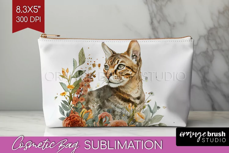 Floral Cat Cosmetic Bag - Flowers Makeup Bag PNG Sublimation