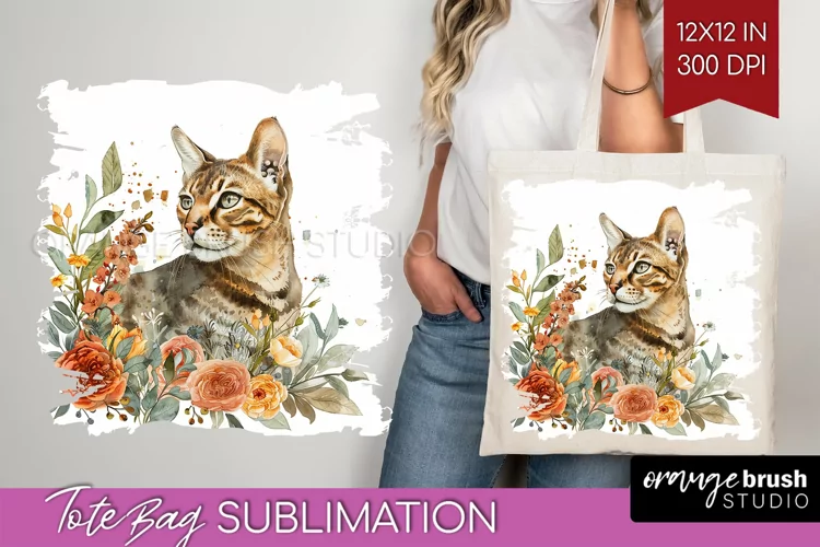 Floral Cat Tote Bag - Flowers Tote Bag PNG Sublimation