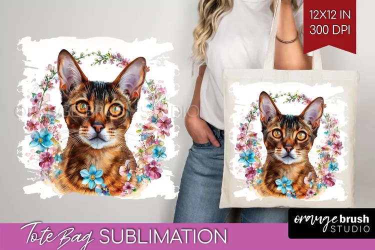 Floral Cat Tote Bag - Flowers Tote Bag PNG Sublimation