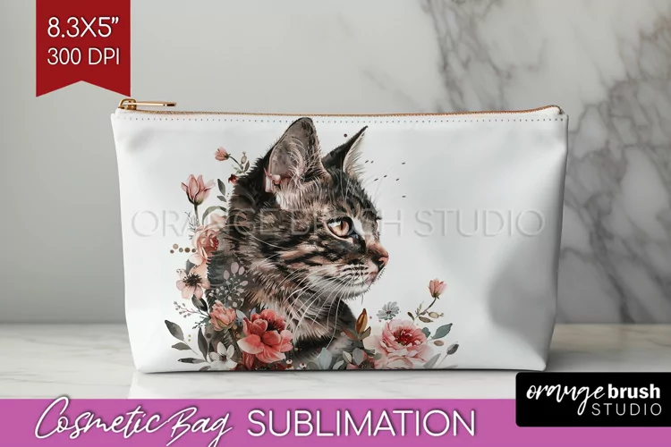Floral Cat Cosmetic Bag - Flowers Makeup Bag PNG Sublimation