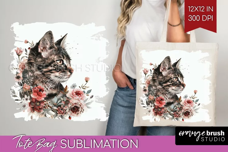 Floral Cat Tote Bag - Flowers Tote Bag PNG Sublimation