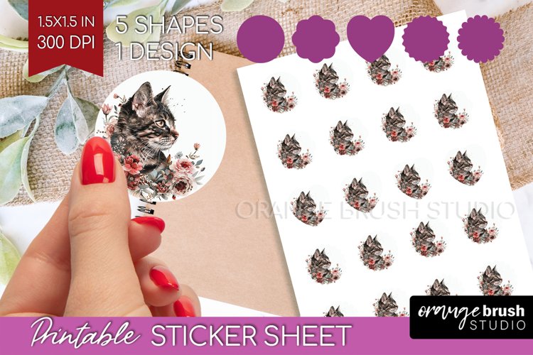 Floral Cat Round Sticker - Flowers Printable Sticker Sheet example image 1