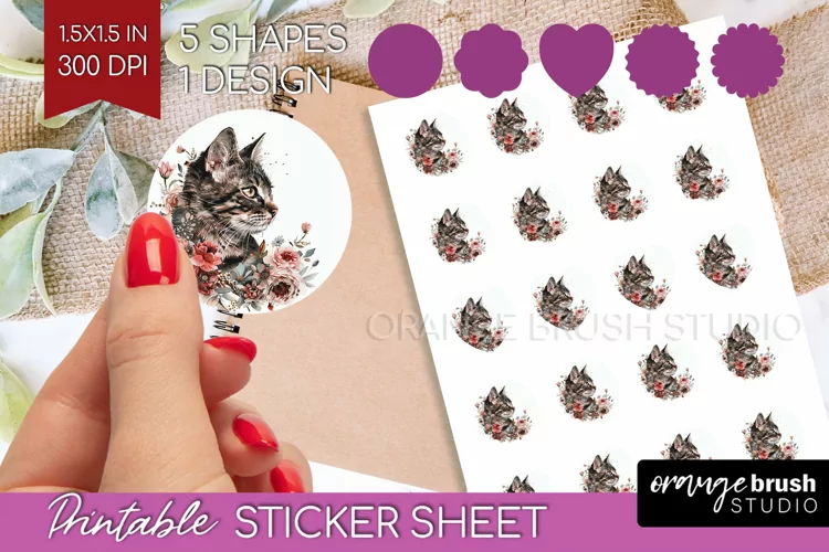 Floral Cat Round Sticker - Flowers Printable Sticker Sheet