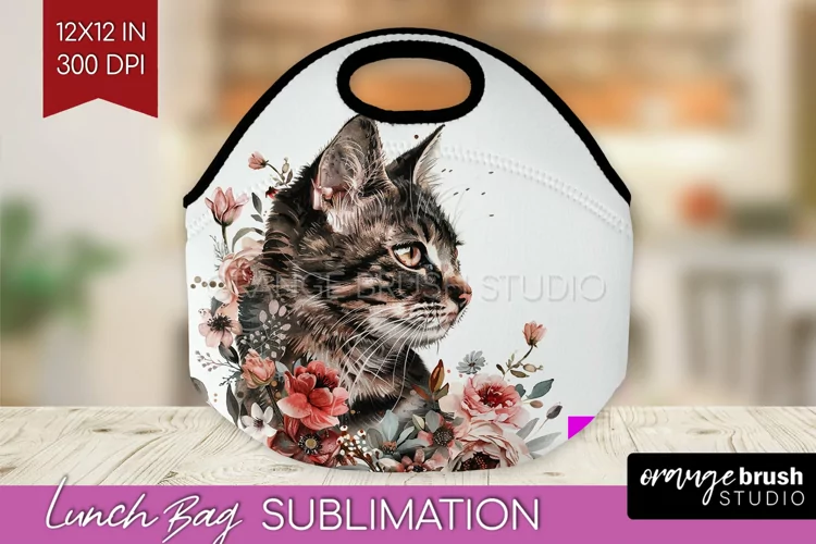 Floral Cat Lunch Bag - Flowers Lunch Bug PNG Sublimation