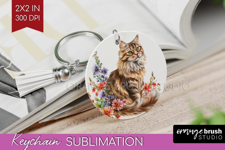 Floral Cat Keychain PNG - Flowers Keychain Sublimation