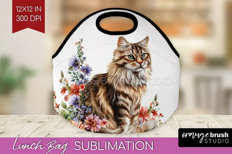 Floral Cat Lunch Bag - Flowers Lunch Bug PNG Sublimation