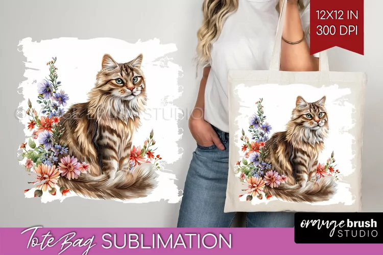 Floral Cat Tote Bag - Flowers Tote Bag PNG Sublimation