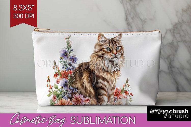 Floral Cat Cosmetic Bag - Flowers Makeup Bag PNG Sublimation example image 1