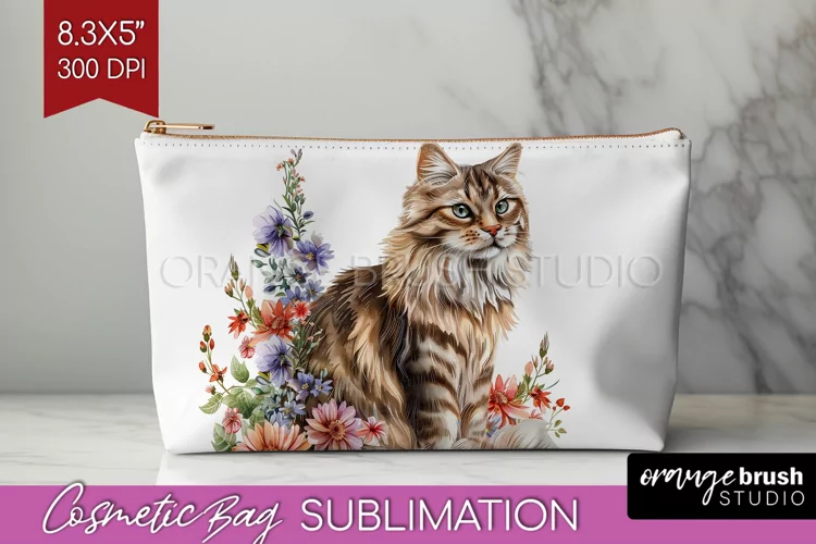Floral Cat Cosmetic Bag - Flowers Makeup Bag PNG Sublimation