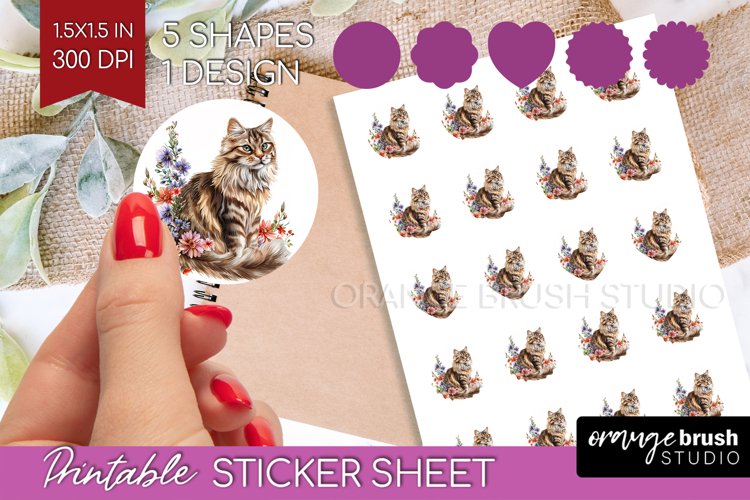 Floral Cat Round Sticker - Flowers Printable Sticker Sheet example image 1