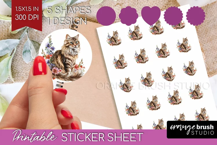 Floral Cat Round Sticker - Flowers Printable Sticker Sheet