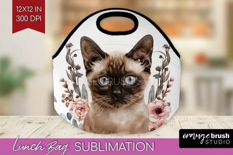 Floral Cat Lunch Bag - Flowers Lunch Bug PNG Sublimation
