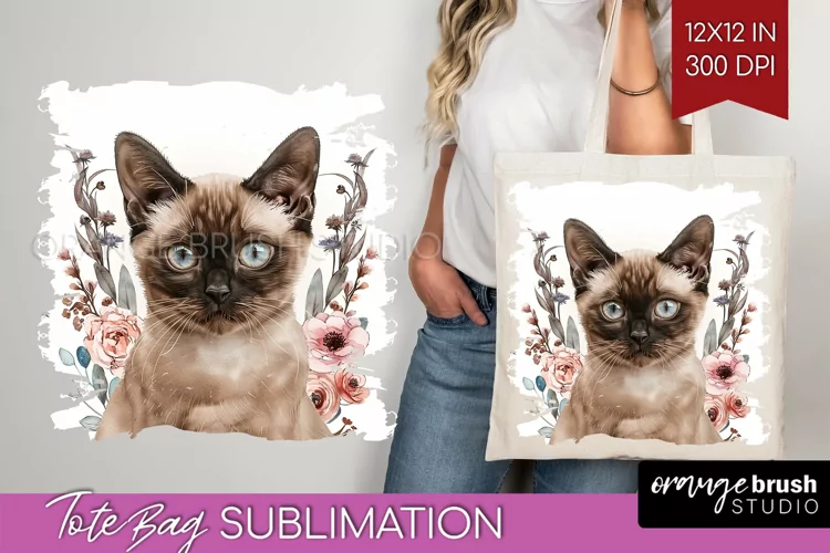 Floral Cat Tote Bag - Flowers Tote Bag PNG Sublimation