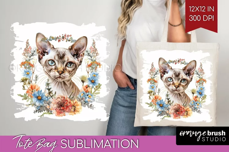 Floral Cat Tote Bag - Flowers Tote Bag PNG Sublimation