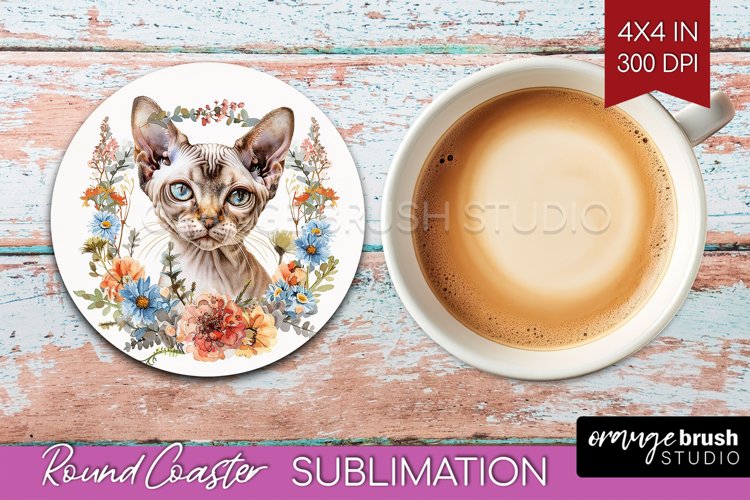Floral Cat Round Coaster - Flowers Coaster PNG Sublimation