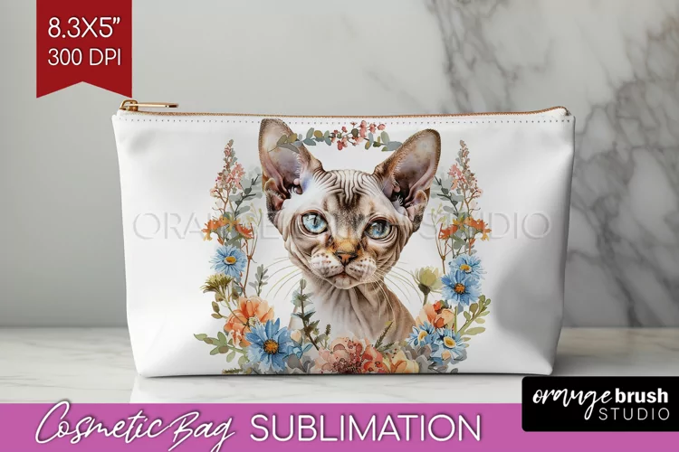 Floral Cat Cosmetic Bag - Flowers Makeup Bag PNG Sublimation