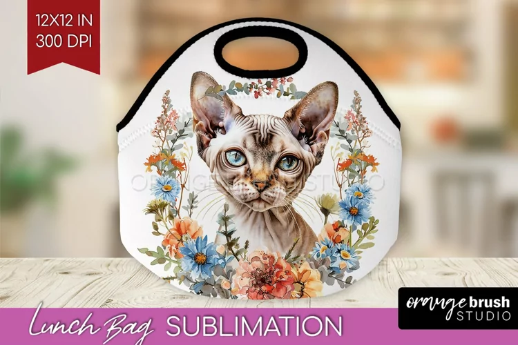 Floral Cat Lunch Bag - Flowers Lunch Bug PNG Sublimation