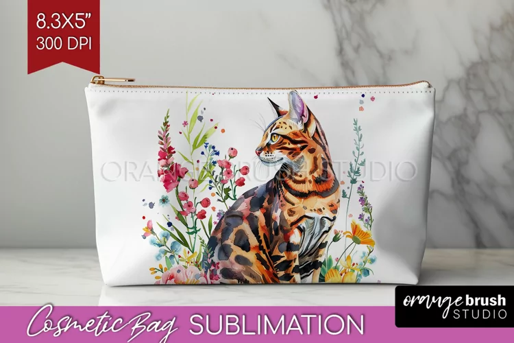 Floral Cat Cosmetic Bag - Flowers Makeup Bag PNG Sublimation