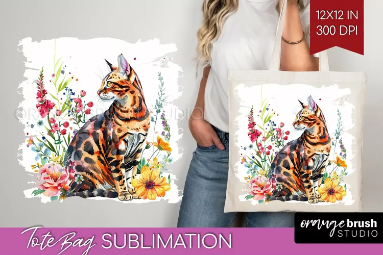 Floral Cat Tote Bag - Flowers Tote Bag PNG Sublimation