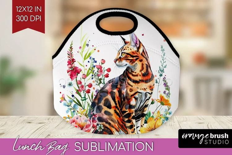 Floral Cat Lunch Bag - Flowers Lunch Bug PNG Sublimation
