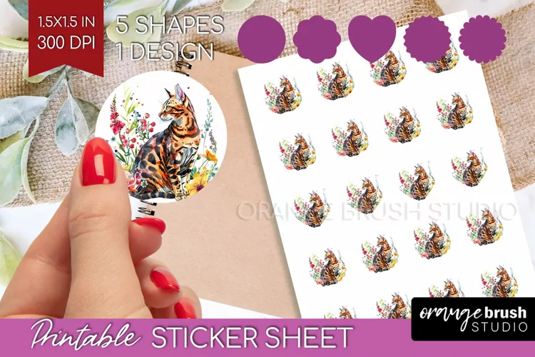 Floral Cat Round Sticker - Flowers Printable Sticker Sheet
