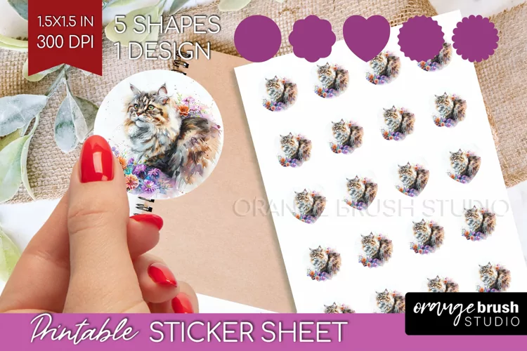 Floral Cat Round Sticker - Flowers Printable Sticker Sheet