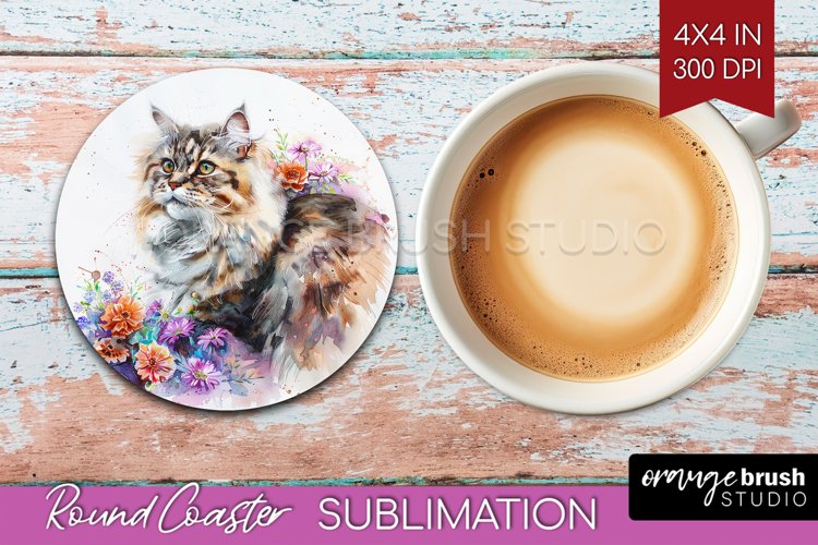 Floral Cat Round Coaster - Flowers Coaster PNG Sublimation