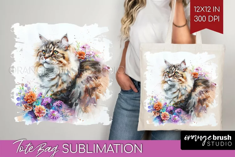 Floral Cat Tote Bag - Flowers Tote Bag PNG Sublimation