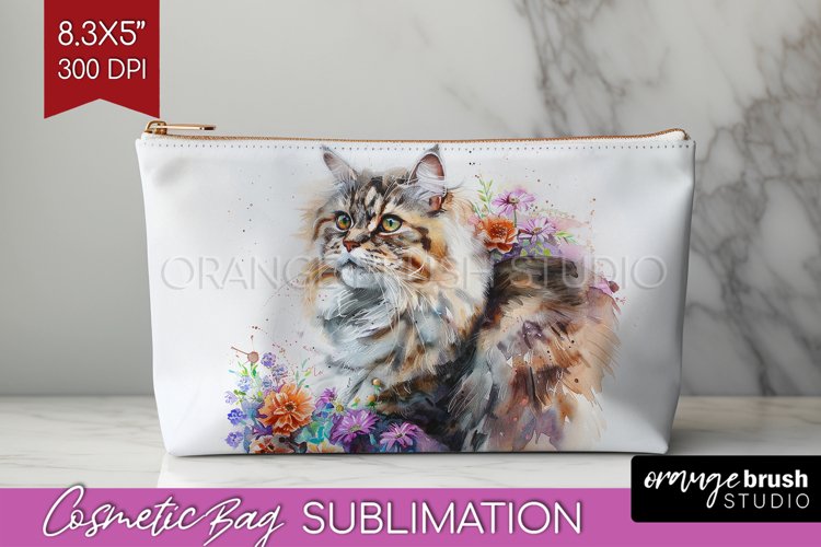 Floral Cat Cosmetic Bag - Flowers Makeup Bag PNG Sublimation example image 1