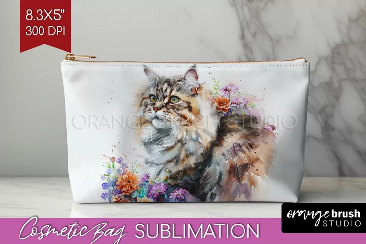 Floral Cat Cosmetic Bag - Flowers Makeup Bag PNG Sublimation