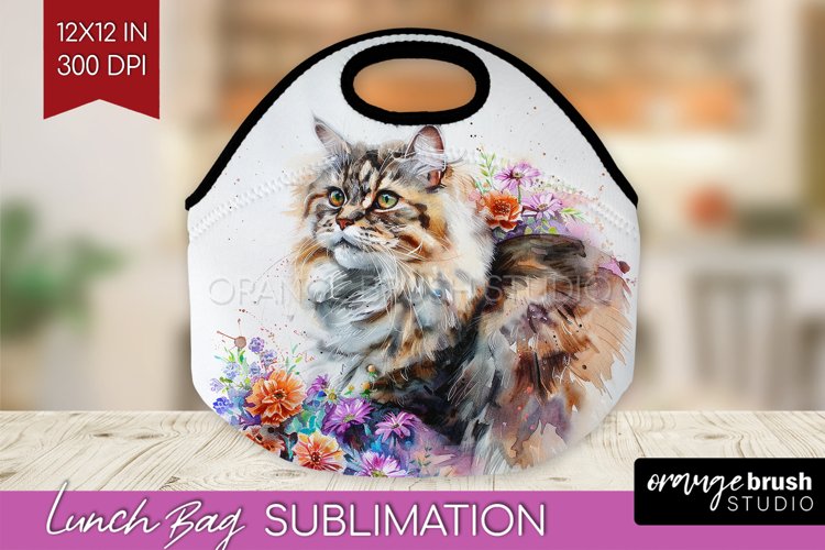 Floral Cat Lunch Bag - Flowers Lunch Bug PNG Sublimation example image 1