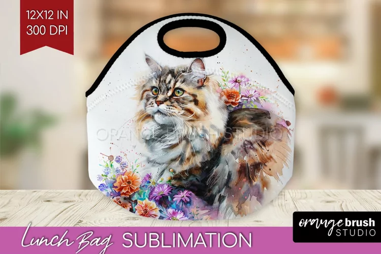 Floral Cat Lunch Bag - Flowers Lunch Bug PNG Sublimation