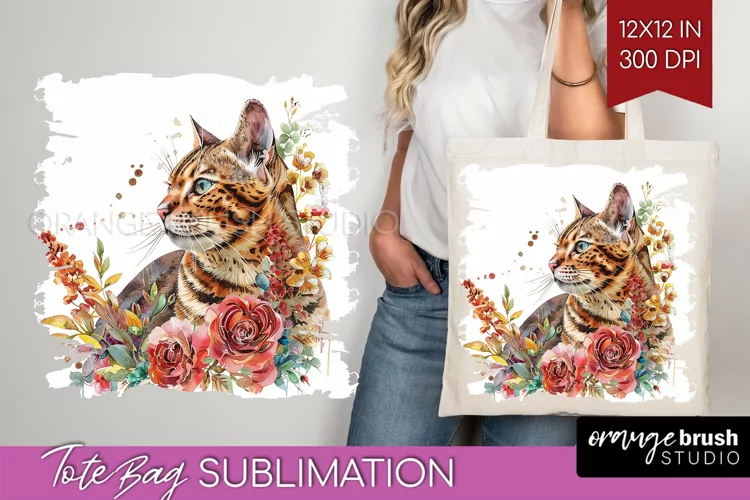 Floral Cat Tote Bag - Flowers Tote Bag PNG Sublimation