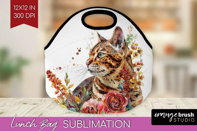 Floral Cat Lunch Bag - Flowers Lunch Bug PNG Sublimation