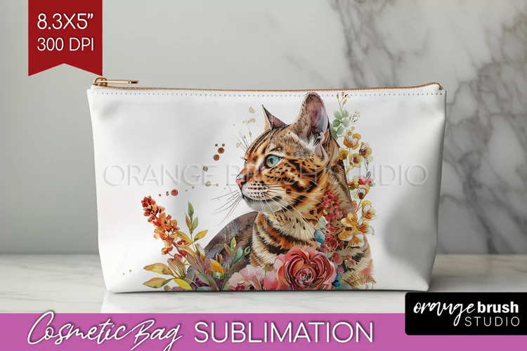 Floral Cat Cosmetic Bag - Flowers Makeup Bag PNG Sublimation