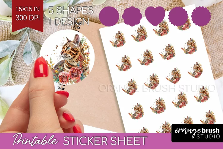 Floral Cat Round Sticker - Flowers Printable Sticker Sheet