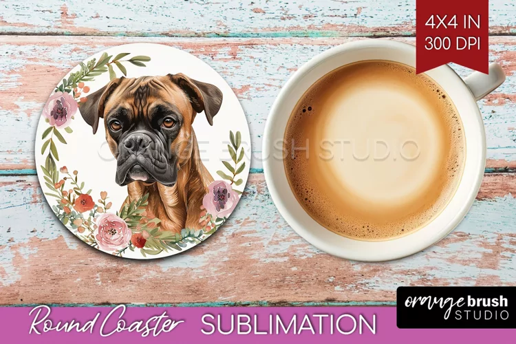 Floral Dog Round Coaster - Flowers Coaster PNG Sublimation