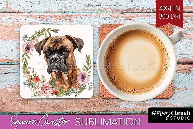Floral Dog Square Coaster - Flowers Coaster PNG Sublimation example image 1