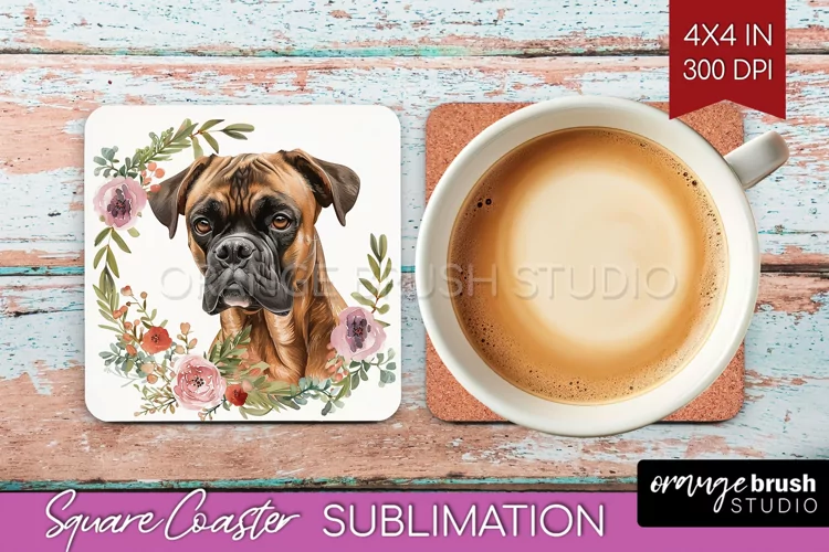 Floral Dog Square Coaster - Flowers Coaster PNG Sublimation