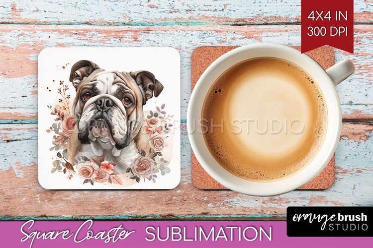 Floral Dog Square Coaster - Flowers Coaster PNG Sublimation example image 1