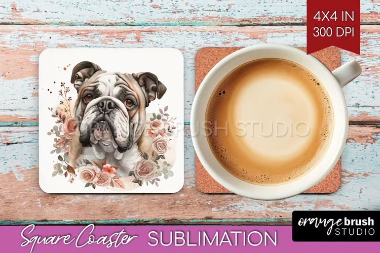 Floral Dog Square Coaster - Flowers Coaster PNG Sublimation
