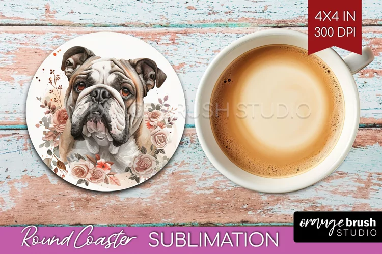 Floral Dog Round Coaster - Flowers Coaster PNG Sublimation