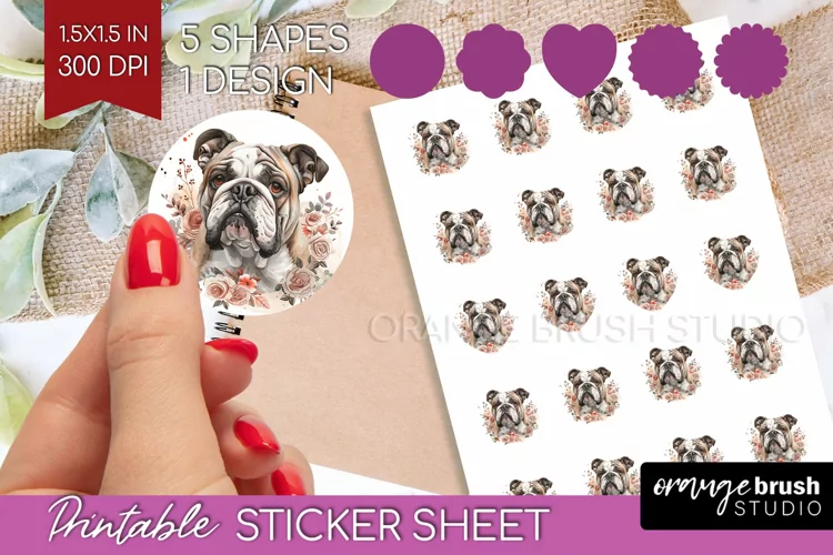Floral Dog Round Sticker - Flowers Printable Sticker Sheet