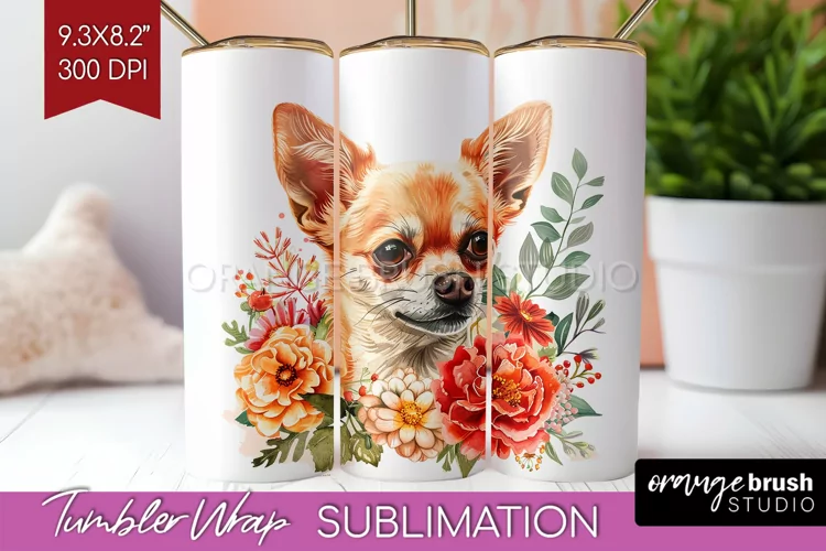 Floral Dog Tumbler Wrap - Flowers Tumbler PNG Sublimation