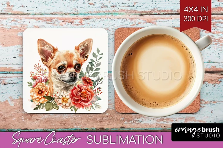 Floral Dog Square Coaster - Flowers Coaster PNG Sublimation