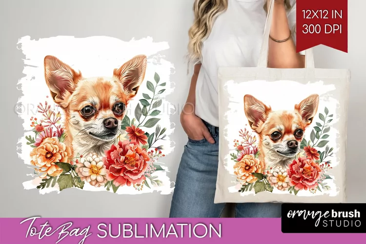 Floral Dog Tote Bag - Flowers Tote Bag PNG Sublimation