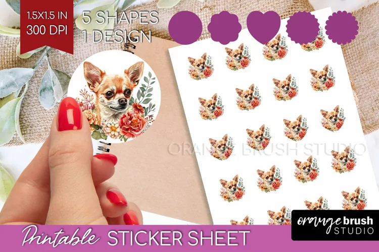 Floral Dog Round Sticker - Flowers Printable Sticker Sheet