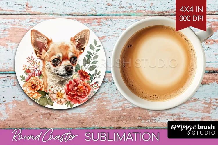 Floral Dog Round Coaster - Flowers Coaster PNG Sublimation
